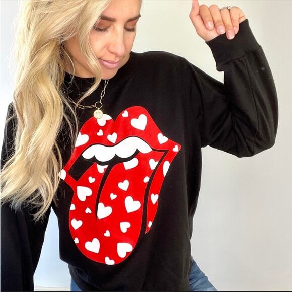the Rolling Stones Tops - The Rolling Stones | Womens Black & Red Lip Logo With Hearts Sweatshirt Pullover